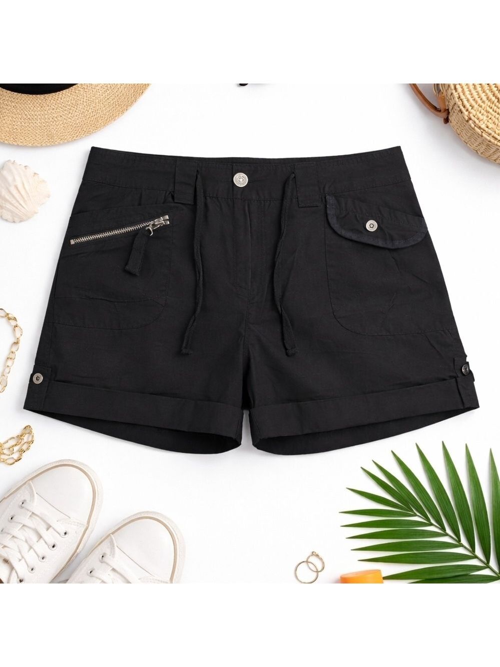 Urban Life Black Cotton Cargo Shorts Size 15/16 Drawstring Utility Cuffed NWOT